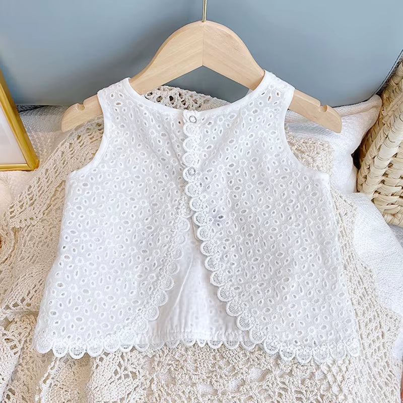 Summer Grace: 2024 Hollow Lace Sleeveless Set for Baby Girls